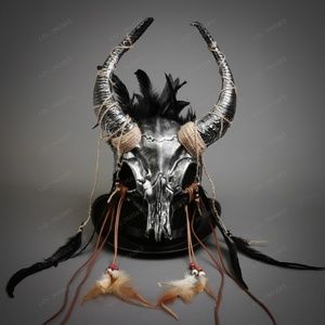Antelope Skull Horn Halloween Mask with Feather